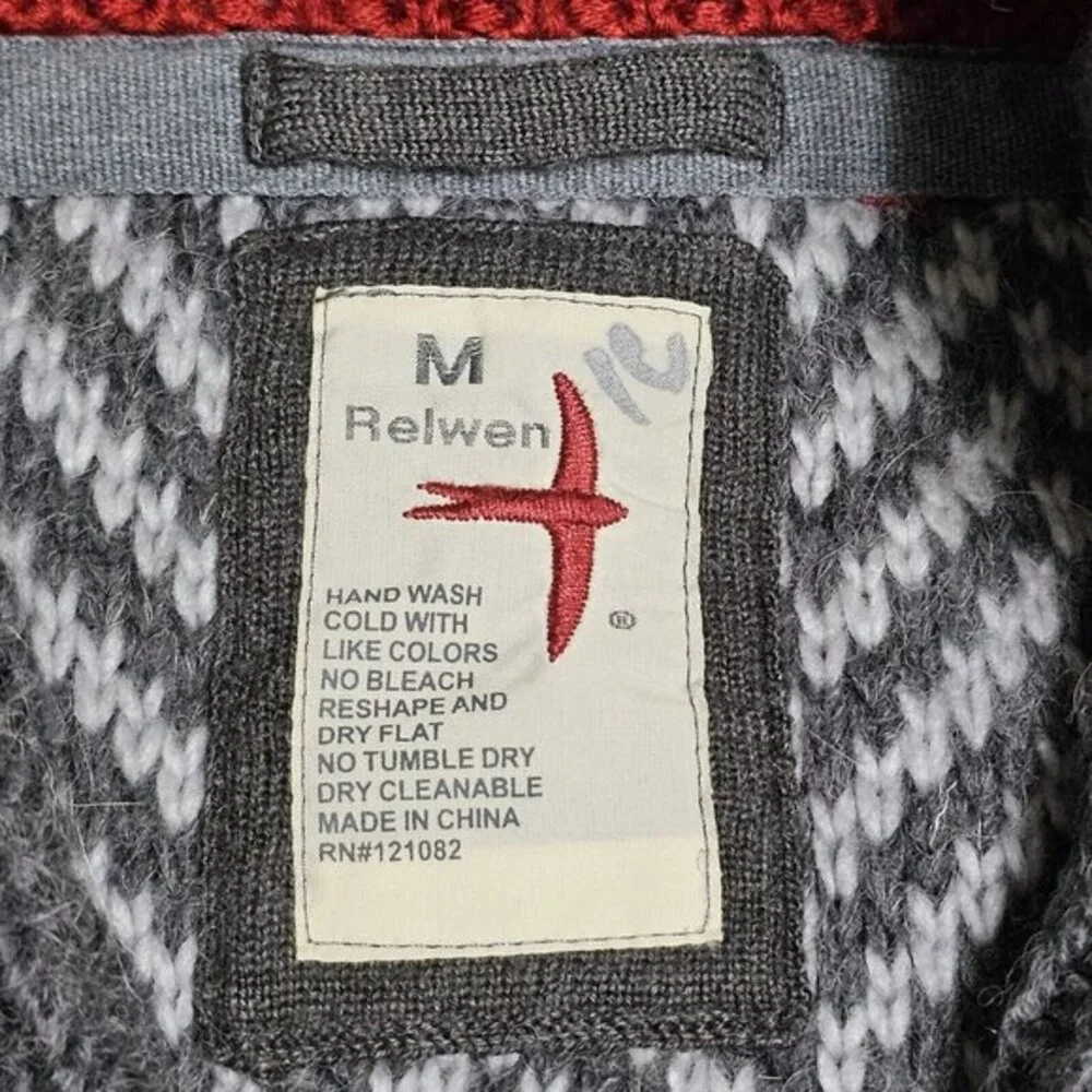 Relwen Sweater Mens Medium‎ Shawl Neck Herringbone Gray White Wool Knit